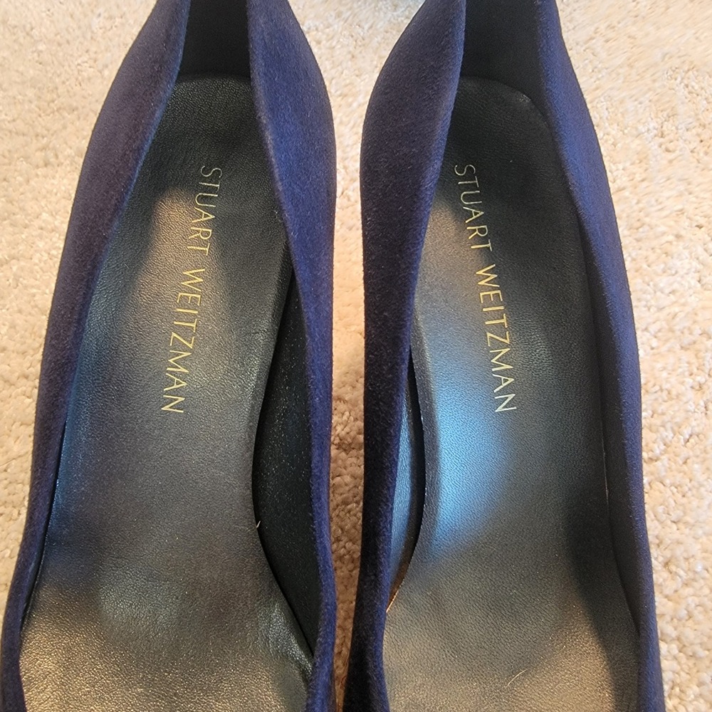 Stuart Weitzman Anna Peep Toe Wedges W sz 9, Navy Blue Suede Cork Platform Pumps - Picture 6 of 8